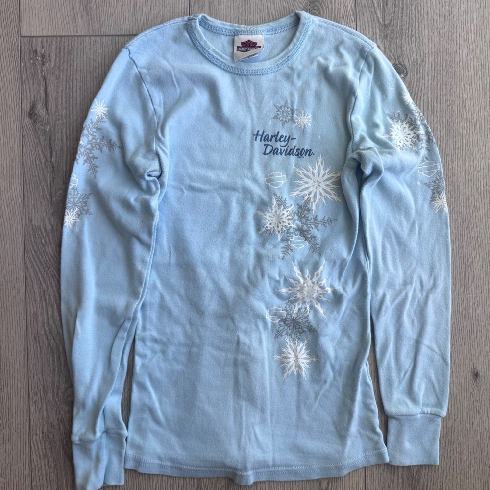 Vintage Harley Davidson Y2K Baby Blue Snowflake Thermal Long Sleeve Shirt S